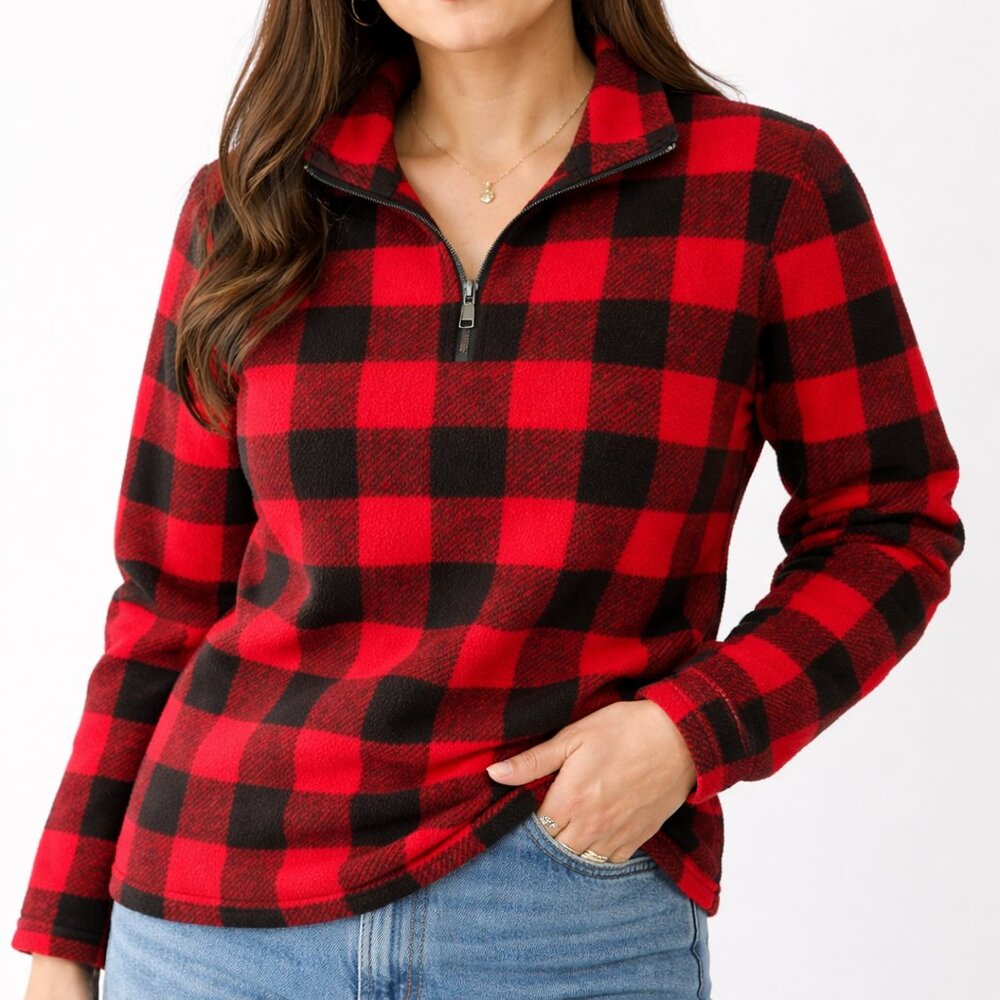 Eddie Bauer Red Black Buffalo Plaid Fleece 1/4 Zip